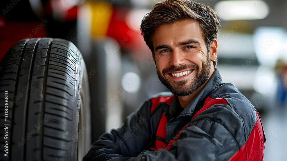 Poster smiling mechanic poses with a car tire in a workshop setting.