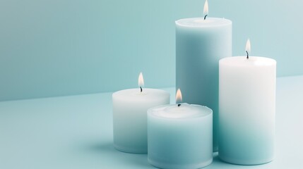 Four blue white candles burn on light blue background