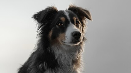 Fototapeta premium A close-up view of a thoughtful Australian Shepherd dog posing against a soft backdrop