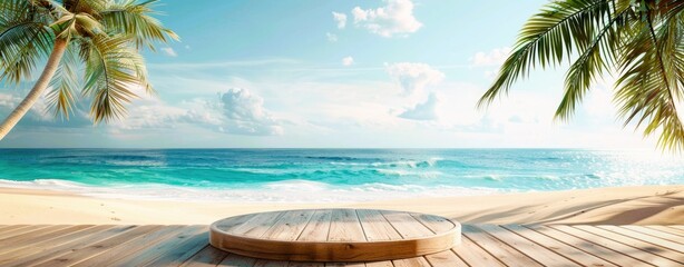 Wide Table top wooden bar on blurred beautiful beach scene background coconut leaf. Breakfast...