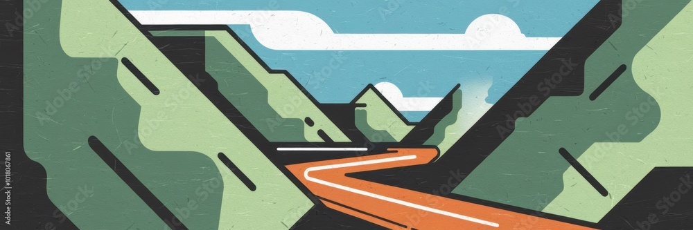 Sticker Stylized Landscape with Winding Road and Mountains