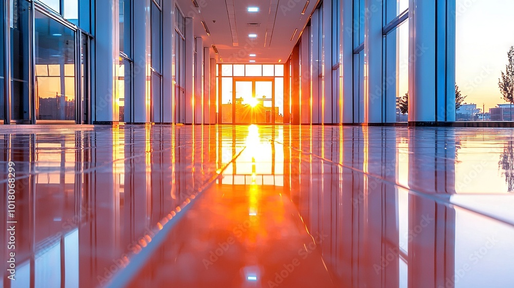 Poster an image shows an empty hallway with large windows, illuminated by a bright orange light at the end 