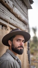 Portrait of a Man with Hat Near Wooden Structure