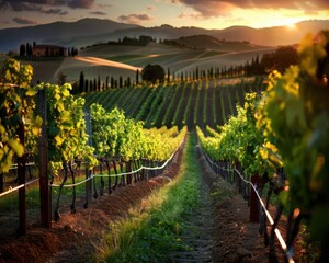 Fototapeta premium Lush green vineyards in Tuscany, vibrant greens, photography, serene, inviting
