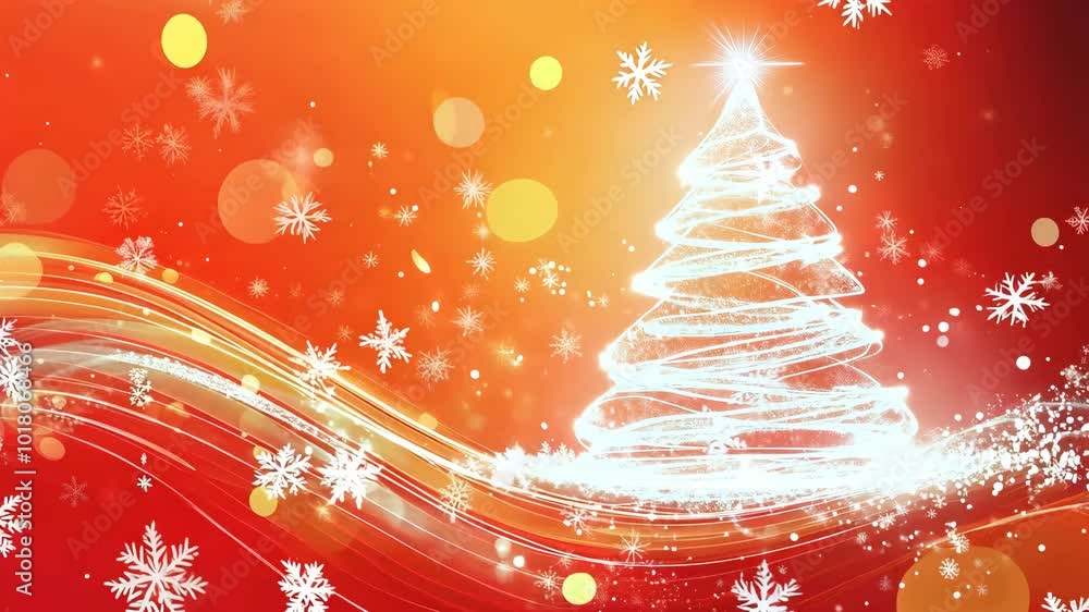 Poster A vector Christmas tree in white on a red background with swirls.