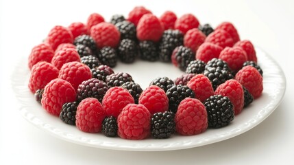 A white plate holds a circle of juicy, fresh raspberries and blackberries.