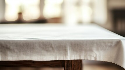 A white tablecloth covers a wooden desk, with the focus on the table's surface.