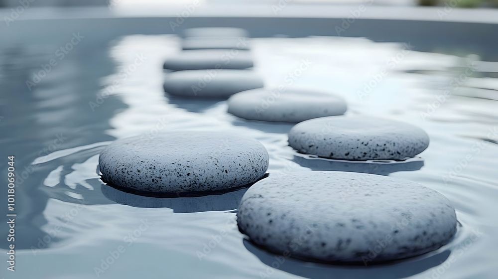 Poster smooth stones create a serene pathway in calm water.