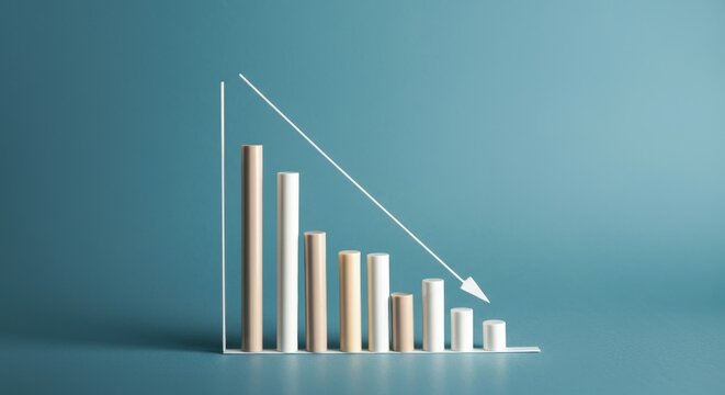 Graph showing declining trend with bars decreasing in height, arrow pointing downwards, against blue background