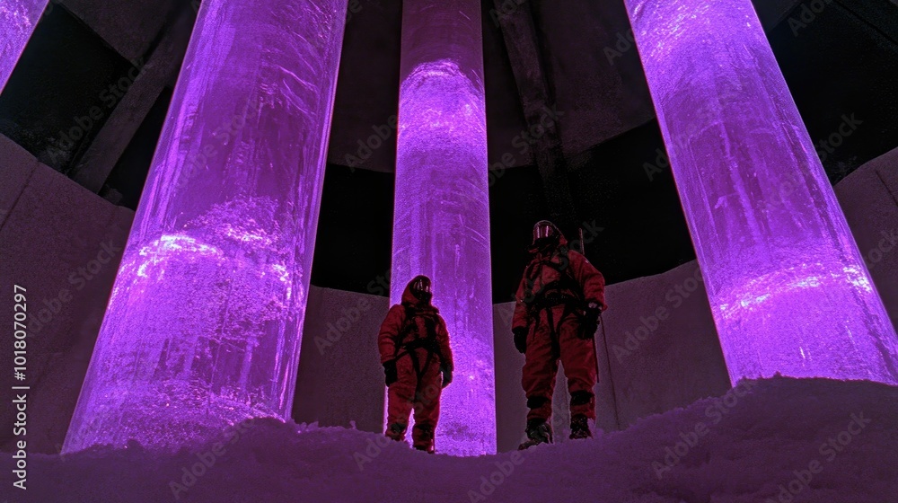 Poster scientists using cryogenic technology in a low-temperature physics experiment. -