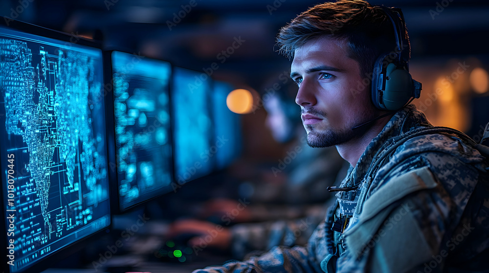Poster soldier monitoring data on multiple screens in a military setting.