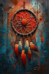 Impressionistic dreamcatcher artwork on canvas showcasing vibrant colors and intricate textures