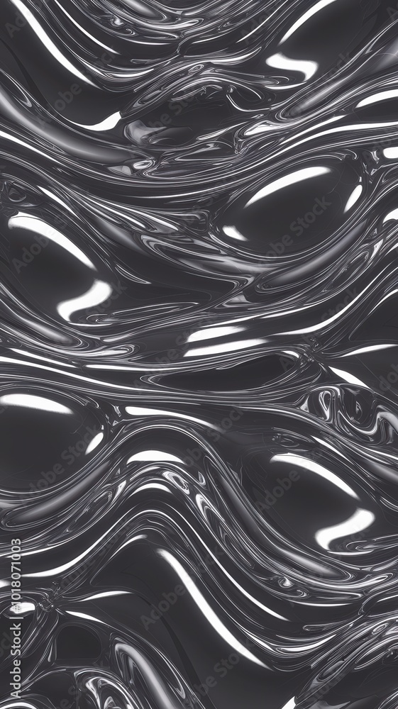 Poster Abstract Fluid Waves in Black and Silver Tones