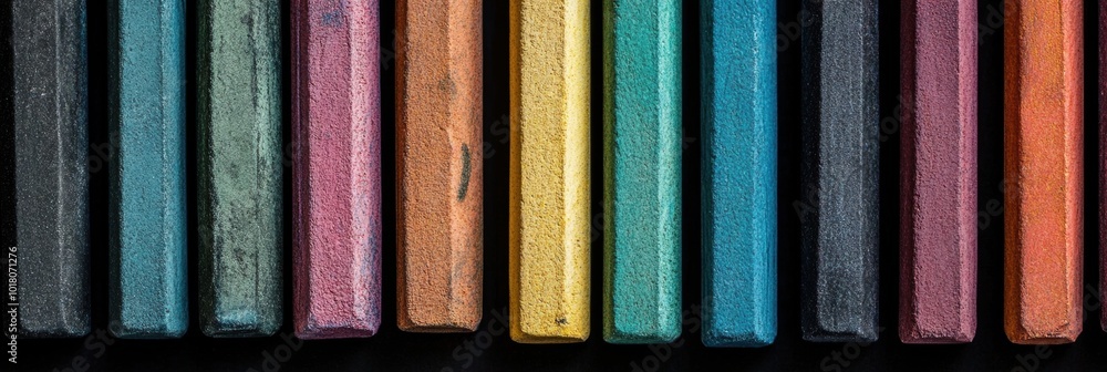 Poster vibrant chalk sticks in a neat row, showcasing an array of colors, perfect for artistic expression a