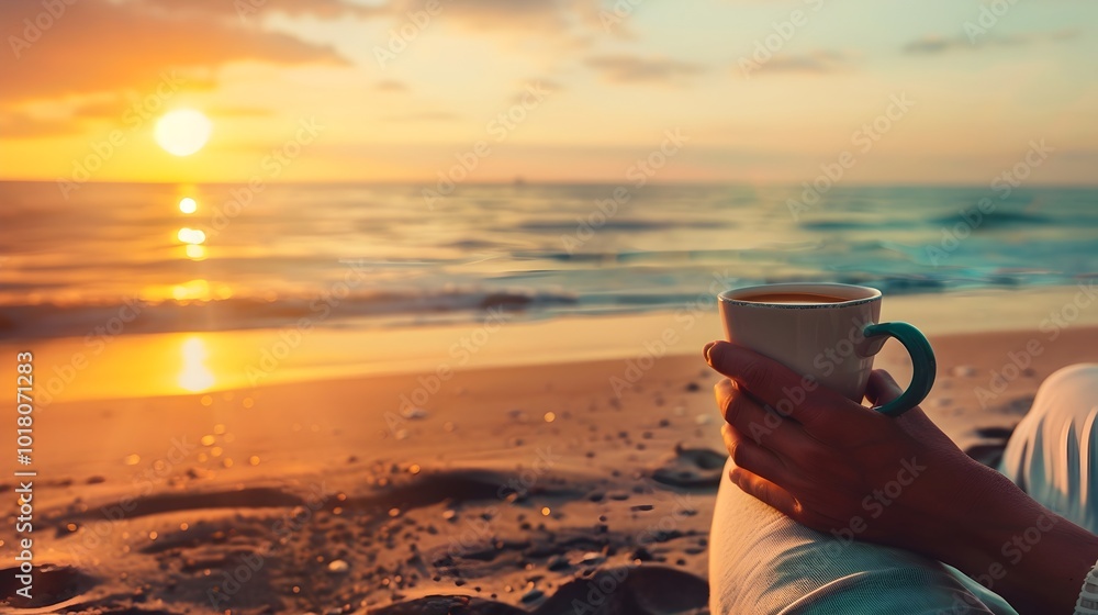 Poster Person Holding Coffee Cup Watching Sunrise Over Picturesque Beach Scenery