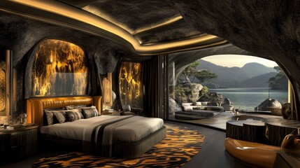 Fototapeta premium Stylish bedroom set up in a cave, with a comfortable bed and a stunning view of the rocky mountains through the window.