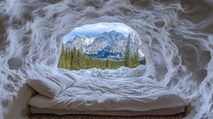 Stylish bedroom set up in a cave, with a comfortable bed and a stunning view of the rocky mountains through the window.