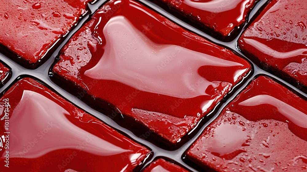 Poster a close-up of a red tiled surface with water droplets on both ends and the bottom