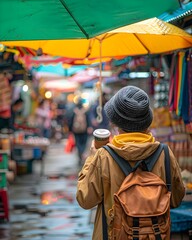 Obraz premium Pausing for a Coffee Amidst the Vibrant Outdoor Market Atmosphere
