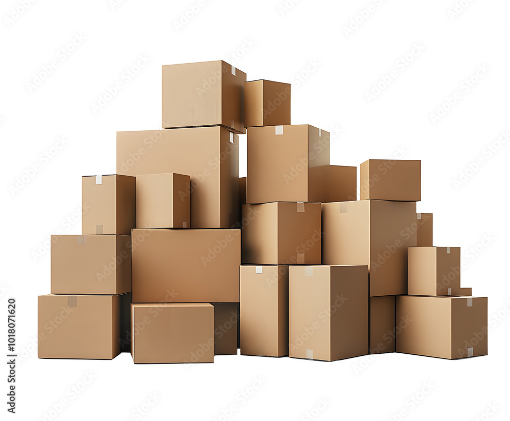 Poster stack of cardboard boxes in various sizes, isolated on white.