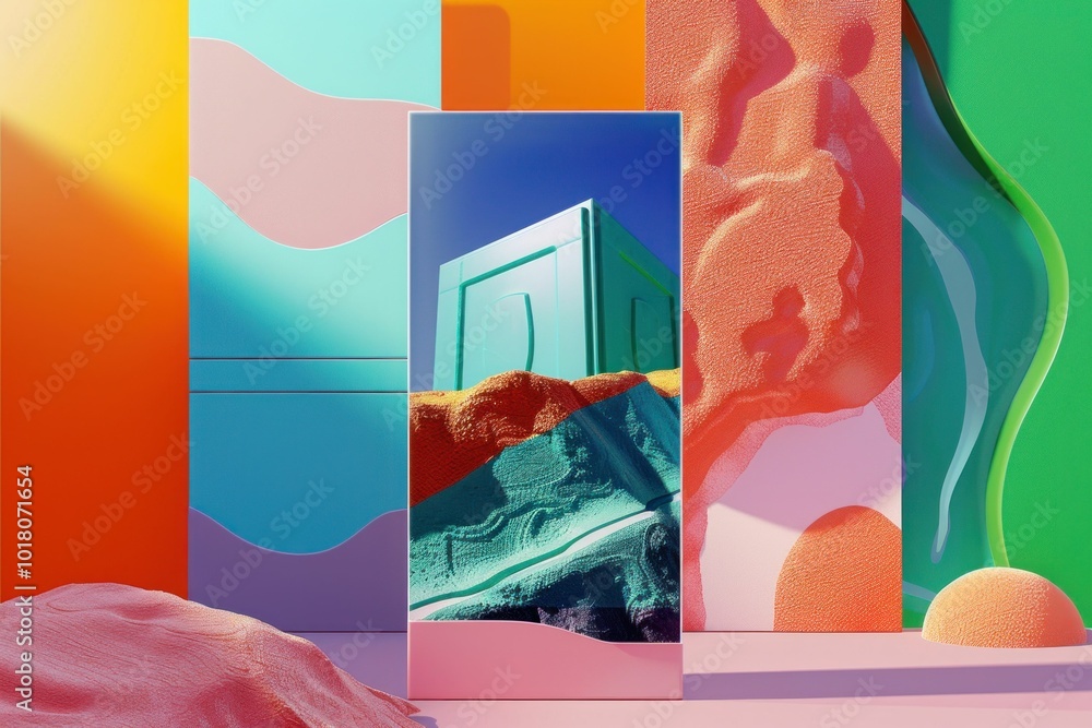 Poster abstract geometric composition with colorful shapes and reflections in a modern artistic setting, fe