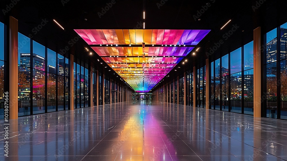 Aufkleber a hallway with windows and a multicolored ceiling is illuminated by bright lights at its center