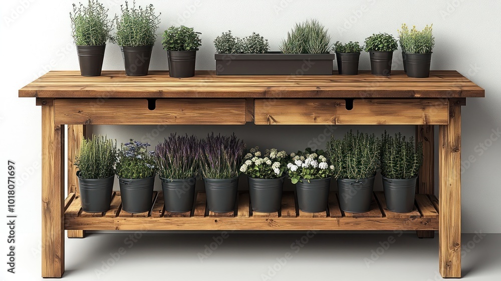 Wall mural Wooden Table with Potted Plants