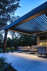 Obraz premium Contemporary pergola with smart louvers and LED lighting in a sleek setting.