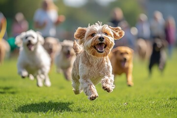 Happy dog running fast in the park with other dogs