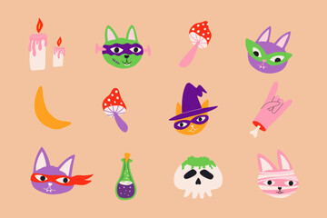 Set of Halloween cartoon elements. Cute funny creatures. Hand drawn Vector illustration with cartoon elements for sticker, banner, childish.