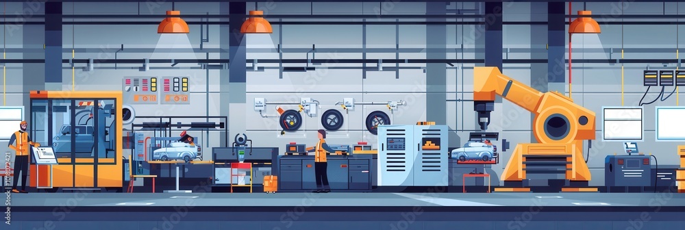 Poster skilled workers operate machinery in a factory environment to manufacture car components efficiently