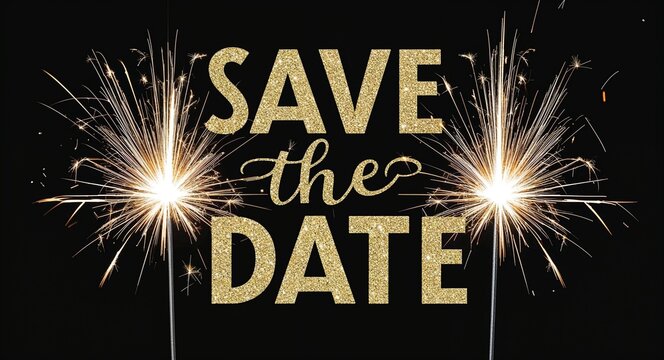 save the date lettering sparkler sparks on plain black background