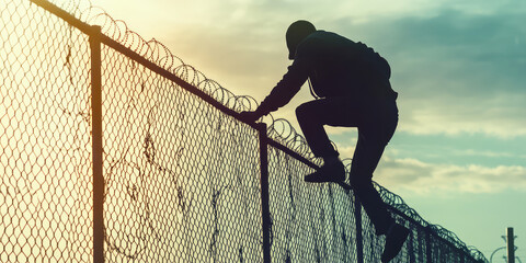 A man climbs over the fence. Creative concept of illegal migration and border crossing