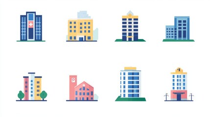 Simple, flat icons representing downtown apartments and hospitals.