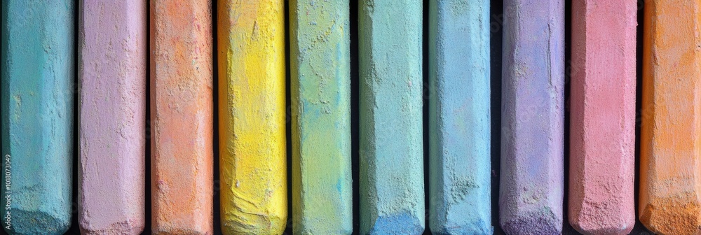 Poster vibrant chalk collection, an array of colorful chalk sticks in a neat row, showcasing a spectrum of 