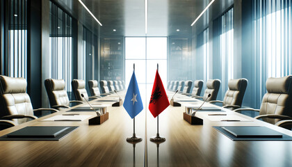 A modern conference room with Somalia and Albania flags on a long table, symbolizing a bilateral meeting or diplomatic discussions between the two nations.