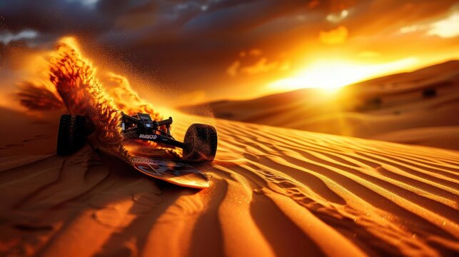Sandboarding down sand dunes, warm tones, photography, dynamic, adventurous