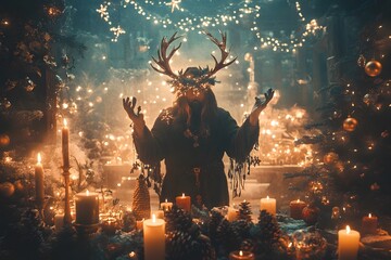 Mystical man with antler crown in a festively decorated room for Yule celebration