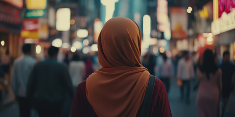 Back view of a woman wearing a hijab headscarf against the background of a busy city. Concept of righteous Muslim faith in a big city