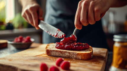 A man is cutting raspberries on a wooden cutting board