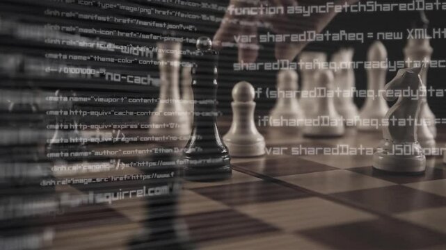 A pawn defeats a queen on a chessboard with a digital code background. The concept of a business strategy