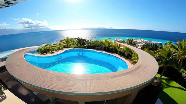 Camera rotates 360 degrees around a pool area, capturing a villa with large floor-to-ceiling windows and the surrounding ocean
