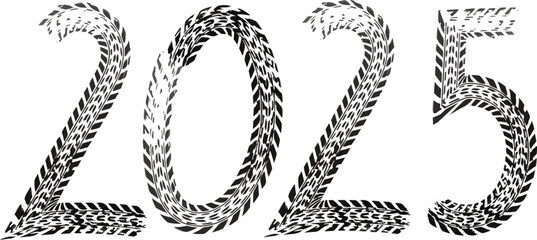 Happy New Year 2025 Grunge Tyre track Black and white. Urban Vector Texture Template. Dark Messy Dust Overlay Distress Background. Scratchedg