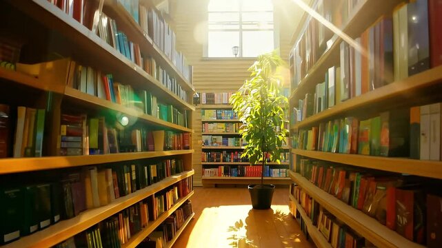 The camera zooms out from a sunbeam illuminating the glossy leaves, set against the warm ambiance of a local bookstore with shelves of books on a homogeneous background