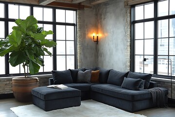 Obraz premium Cozy living room with a sectional couch and plant.