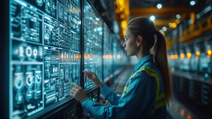 Team of engineers collaborating on futuristic technology in a high-tech facility during a late-night project
