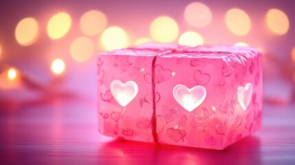 Romantic pink heart-patterned candle with warm bokeh background