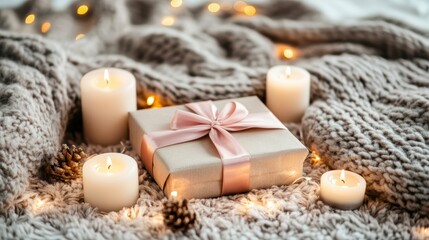 Cozy winter scene with gift, candles, warm knit blanket