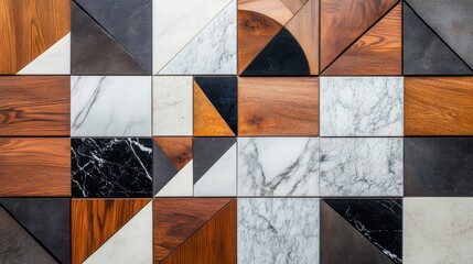 Modern wall decor with geometric patterns, featuring wood, marble, and ceramic tiles. This design uses abstract shapes and textures for a stylish and contemporary look.