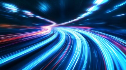 Luminous blue lines speed. Neon color glowing lines background, high-speed light trails effect. Futuristic dynamic motion technology.